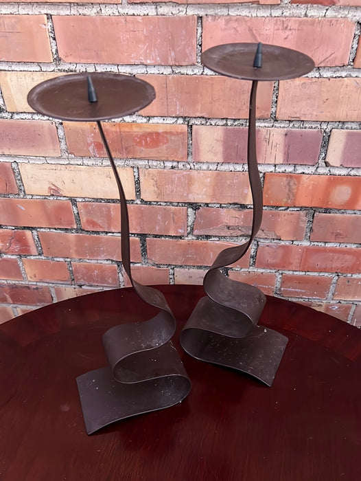 PAIR OF LARGE WAVY BOTTOM IRON CANDLE STANDS