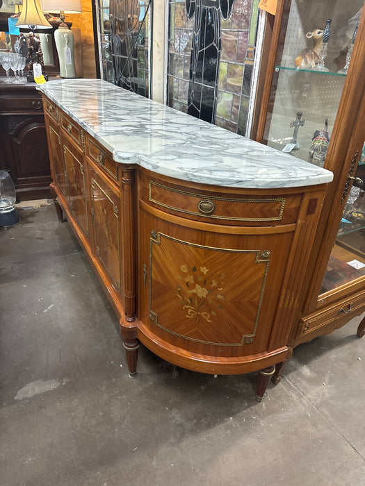 LOUIS XVI WHITE MARBLE TOP SIDEBOARD WITH 4 DRAWER, 4 FLORAL INLAID DOORS AND RING PULLS