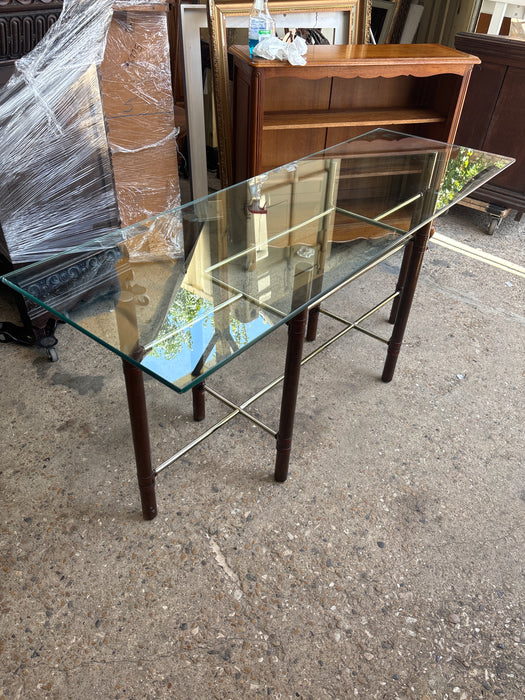MIDCENTURY MCGUIRE WOOD, BRASS, AND RAW HIDE CONSOLE TABLE WITH GLASS TOP