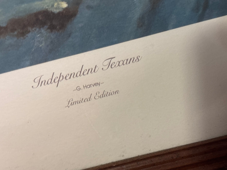 FOLIATE FRAMED COLORED PRINT OF “INDEPENDENT TEXANS” - SIGNED G. HARVEY - AS FOUND