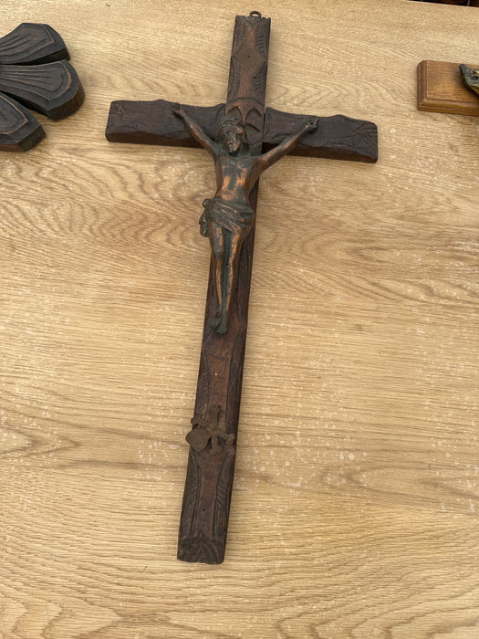 LARGE  ROSEWOOD AND SPELTER CRUCIFIX