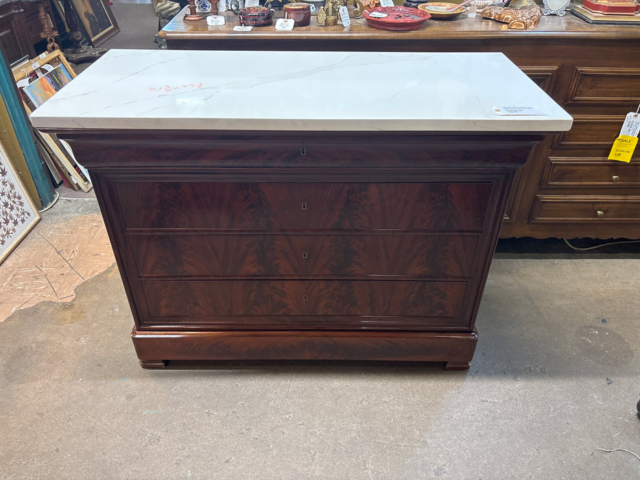 19TH CENTURY LOUIS PHILLIPE CAST MARBLE TOP MAHOGANY CHEST