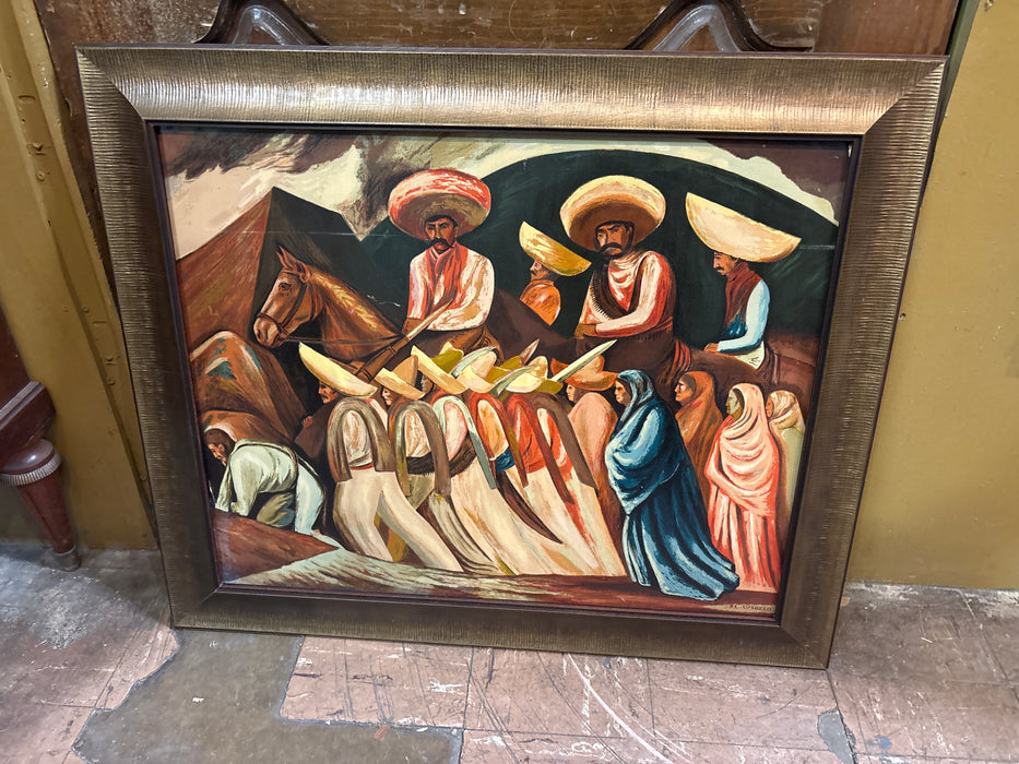 LARGE FRAMED MEXICAN PRINT OF "ZAPATISAS MARCHING" WITH UV PROTECTIVE GLASS - SIGNED JOSE CLEMENTE OROZCO