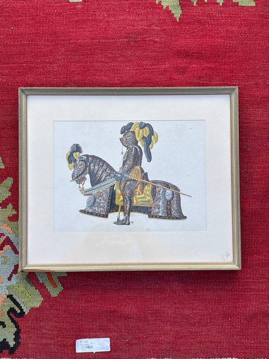 AS FOUND HAND COLORED ENGRAVING OF KNIGHT ON HORSE