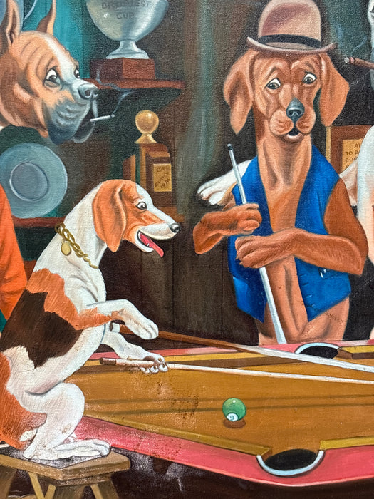 CARVED BRONZE GILT FRAMED PAINTING OF DOGS PLAYING POOL - SIGNED AQUMAR R. P. 77