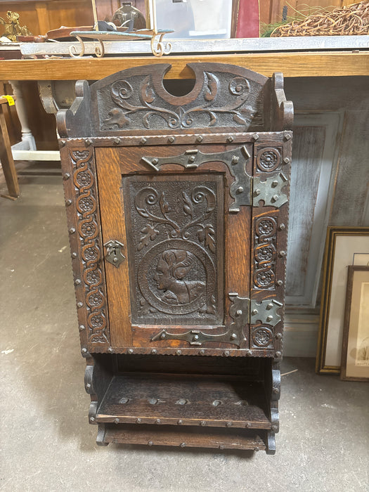 CARVED OAK WALL FRENCH CABINET WITH PIPE HOLDERS