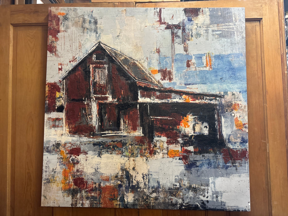 LARGE ABSTRACT GICLEE OIL PAINTING OF RED BARN