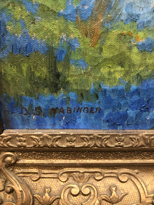 FRAMED BLUE BONNET AND TREE OIL PAINTING SIGNED BY DOLLY NABINGER- AS FOUND