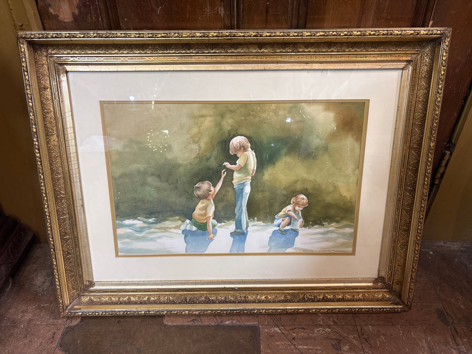 19TH CENTURY GILT FRAMED WATERCOLOR OF CHILDREN PLAYING