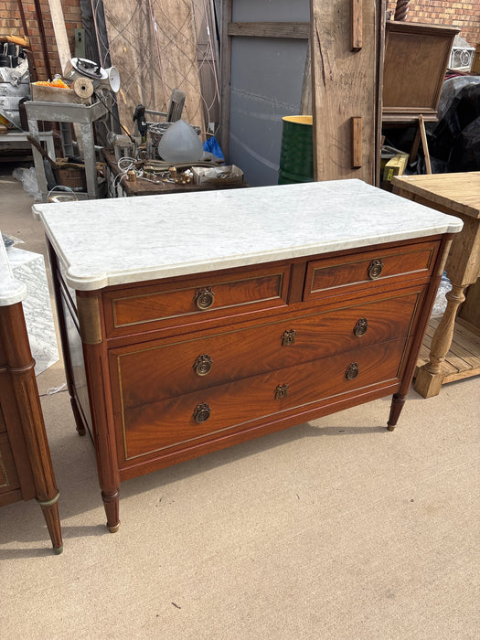LOUIS XVI WHITE MARBLE TOP 4 DRAWER MAHOGANY CHEST