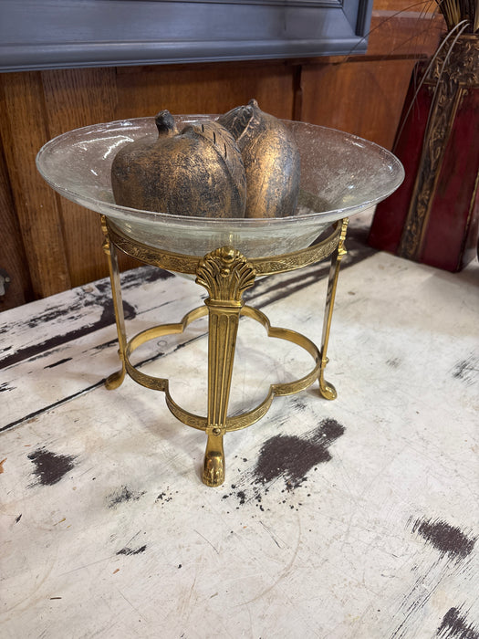 LARGE GILT PAW FOOT COMPOTE WITH CERAMIC FRUIT