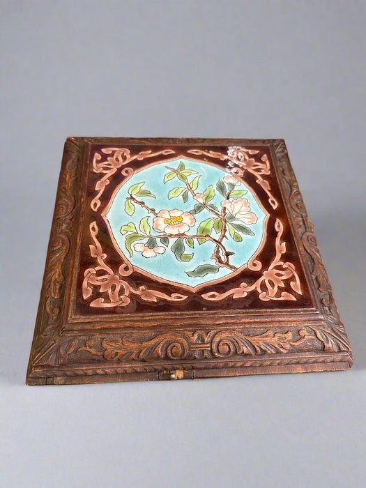 HAND CARVED MUSIC BOX WITH MAJOLICA TILE