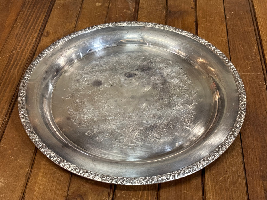 LARGE ROUND ORNATE SILVER PLATE TRAY - AS FOUND