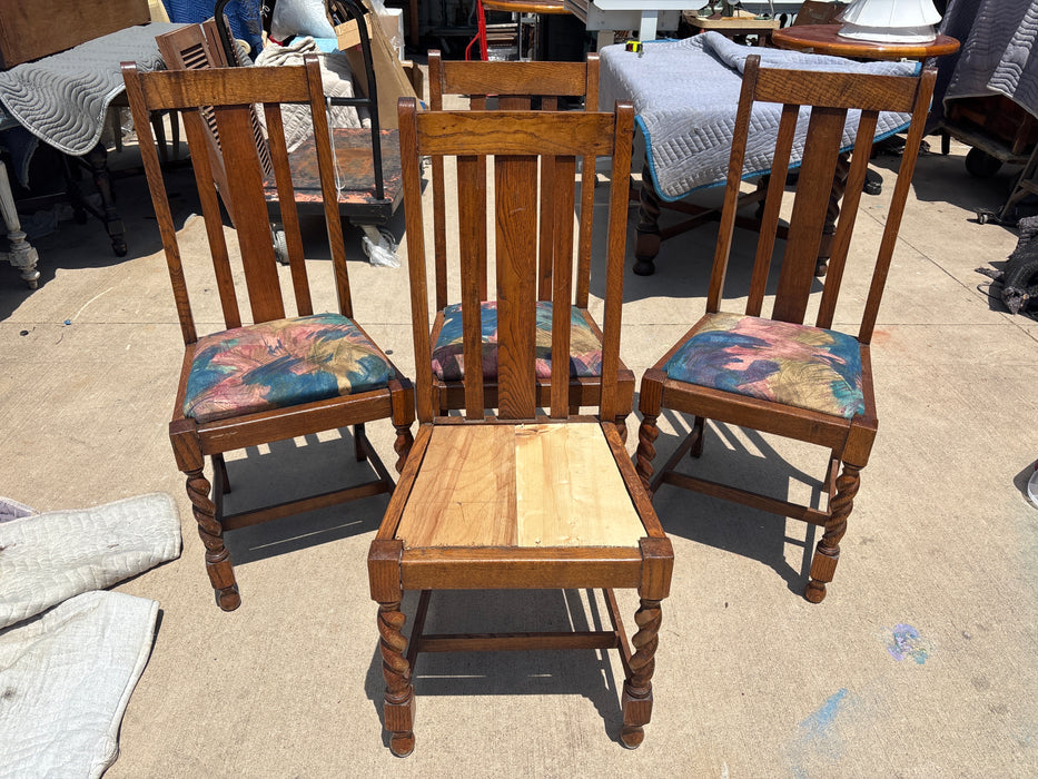 SET OF 4 BARLEY TWIST CHAIRS, 3 WITH COLORFUL UPHOLSTERED SEATS - AS FOUND