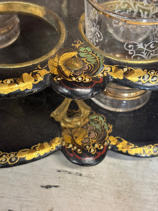 BLACK AND GOLD PAINTED PAPIER MACHE TOTE WITH SHOT GLASSES