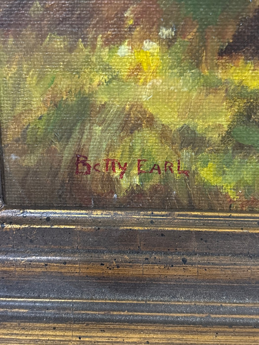 BROWN AND GOLD FRAMED AUTUMN LANDSCAPE WITH RIVER - SIGNED BETTY EARL