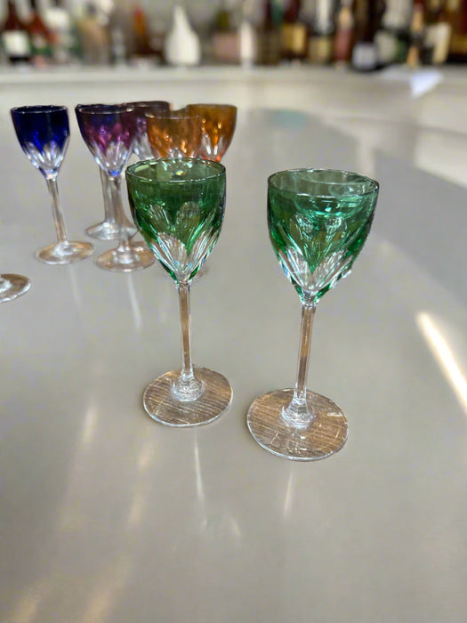 PAIR OF GREEN CUT TO CLEAR CRYSTAL STEMMED CORDIALS
