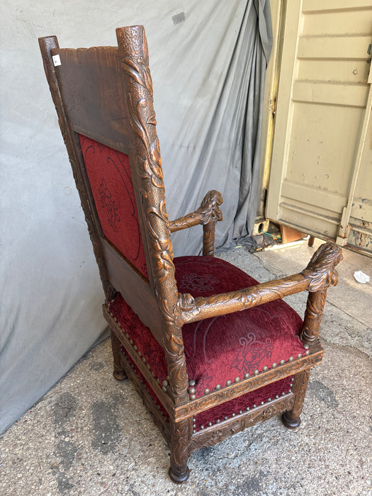 RED UPHOLSTERED LION AND EAGLE CARVED HIGH BACK THRONE CHAIR