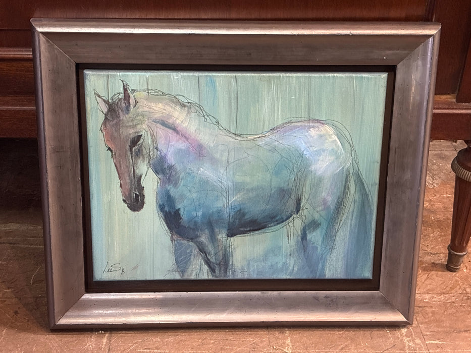 SILVER FRAMED "HORSE POWER" BLUE ACRYLIC PAINTING OF HORSE PROFILE - SIGNED