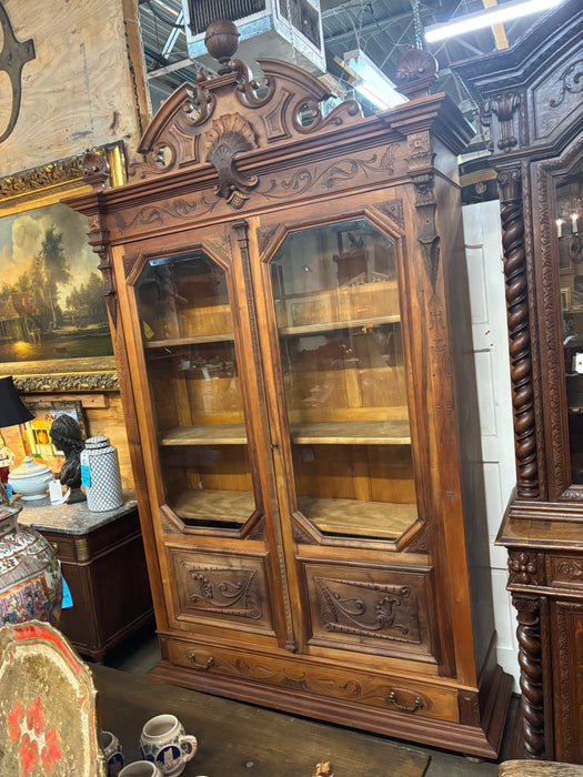 GRAND PEDIMENT CROWN WALNUT BEVEL GLASS BOOKCASE