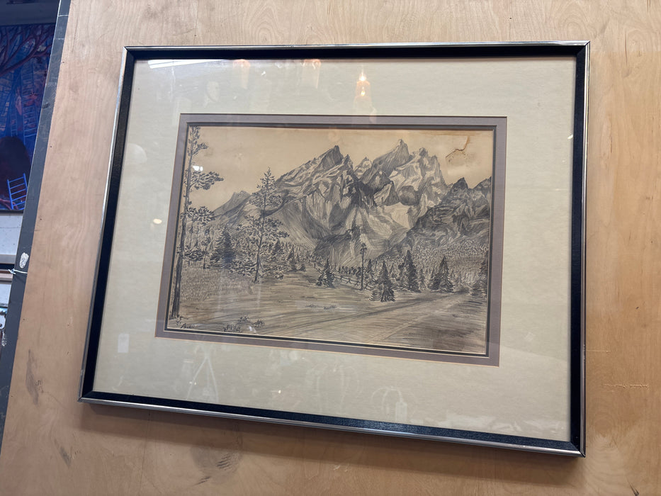 FRAMED WESTERN PENCIL DRAWING OF FOREST PATH AT MOUNTAIN BASE -SIGNED ‘51 ALLEN - AS FOUND