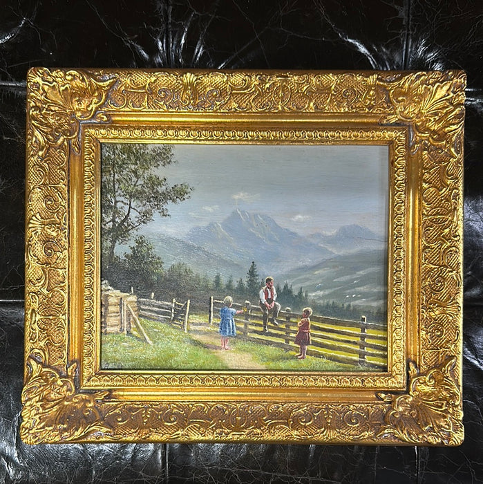 SMALL FRAMED LANDSCAPE OIL PAINTING WITH CHILDREN ON A FENCE