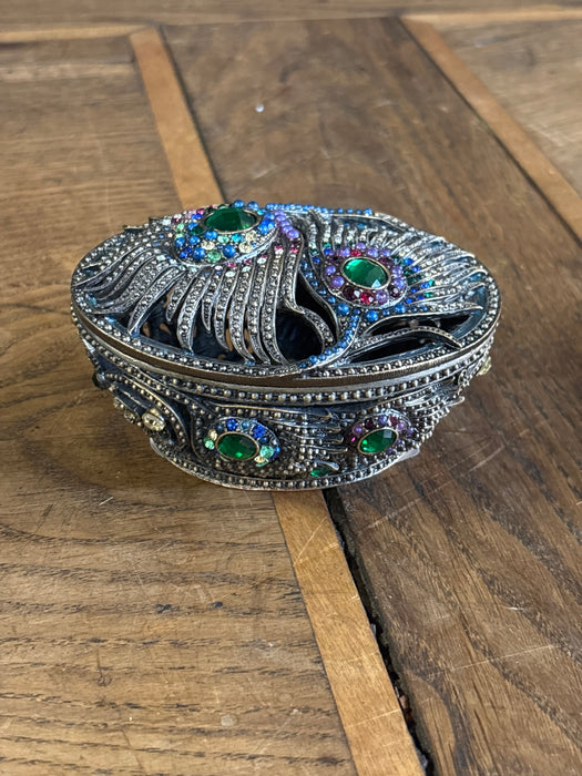 SMALL BLUE AND PURPLE OVAL FEATHERED JEWELED BOX