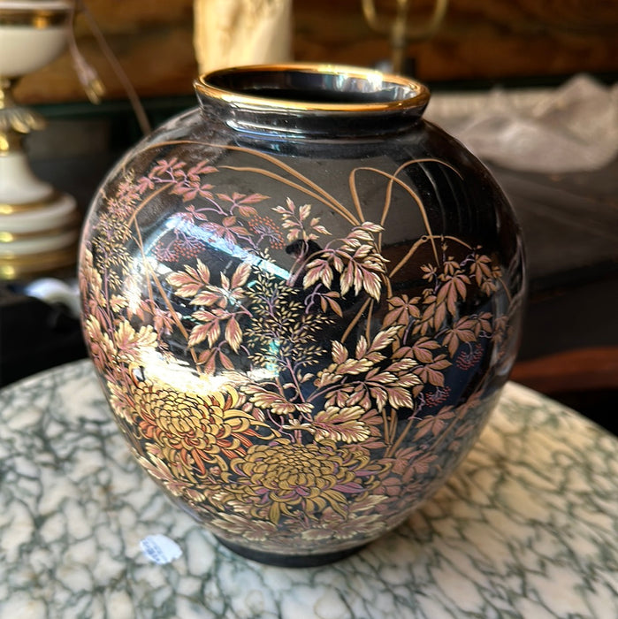 JAPANESE BLACK AND GOLD FLORAL VASE