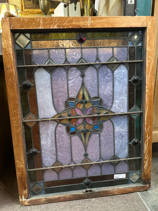 BEAUTIFUL MULTICOLORED STAINED GLASS WINDOW WITH FACETED JEWELS AND BEVELS