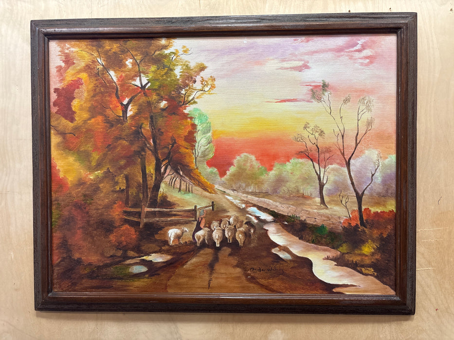 BROWN FRAMED AUTUMN SUNSET OIL PAINTING OF SHEPARD AND SHEEP WALKING A FENCED PATH - SIGNED MAUDE WILLIS
