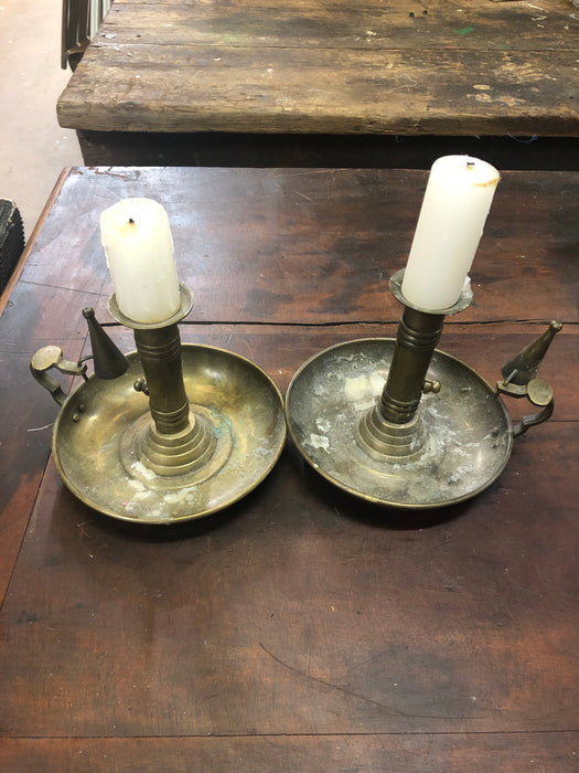 PAIR OF EARLY BRASS CANDLE HOLDERS
