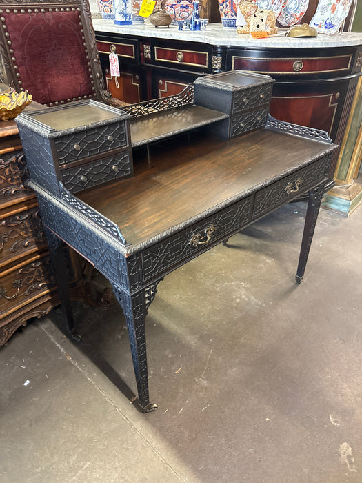 CHINESE CHIPPENDALE ORNATELY CARVED MAHOGANY DESK WITH UPPER DRAWERS AND GALLERY