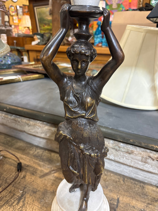 BRONZE GREEK LADY STATUE WITH MARLE VASE ON MARBLE BASE