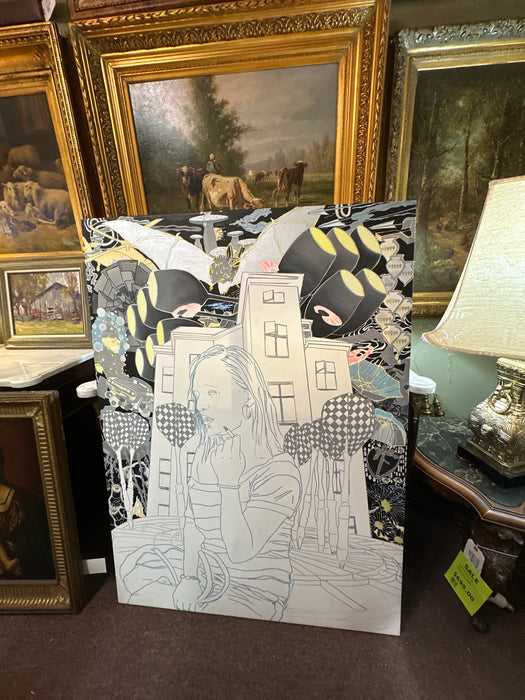 LARGE UNFRAMED PAINTIN OF A GIRL IN BLACK AND WHITE WITH SOME COLOR SIGNED TRINE BOESEA