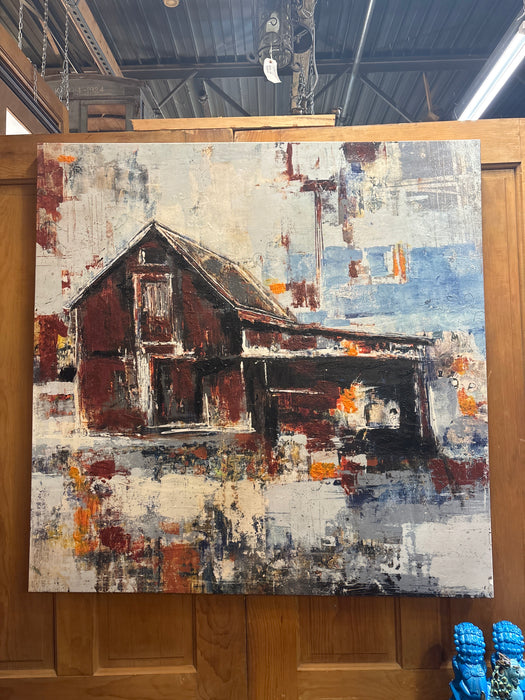 LARGE ABSTRACT GICLEE OIL PAINTING OF RED BARN