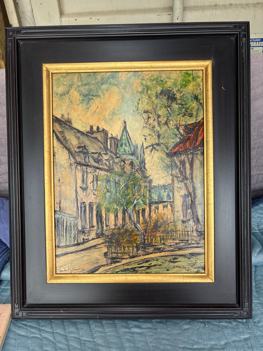 FRAMED IMPRESSIONIST PAINTING OF A EUROPEAN STREET SCENE WITH TREES - SIGNED CLAUDE HOISAN 1966