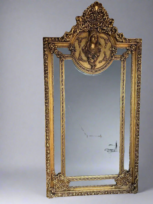 LADY HEAD GROWNED GILT FRAMED BEVELED MIRROR