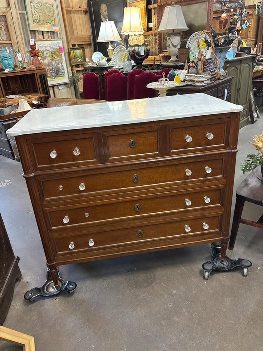 LOUIS XVI WHITE MARBLE TOP MAHOGANY 4 DRAWER CHEST