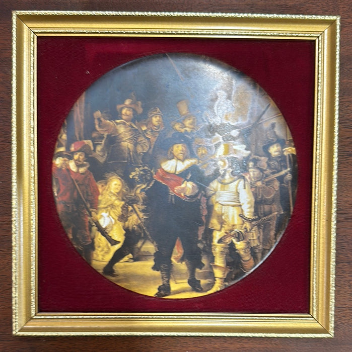 SMALL GOLD FRAMED PORCELAIN MUSKETEERS PAINTING