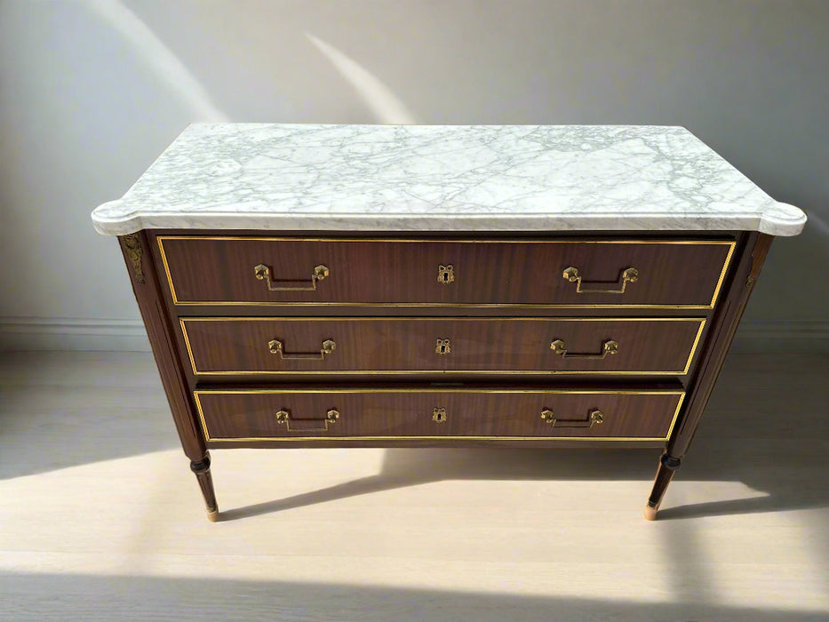 LOUIS XVI WHITE MARBLE TOP LOW 3 DRAWER CHEST WITH BAIL PULLS