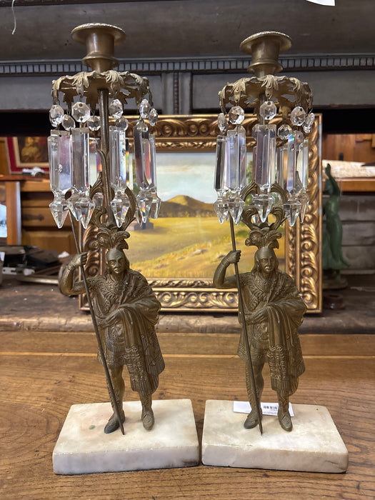PAIR OF FIGURAL GILT GLASS CRYSTAL PRISM GIRANDOLES 'INDIAN WARRIOR' ON MARBLE BASE