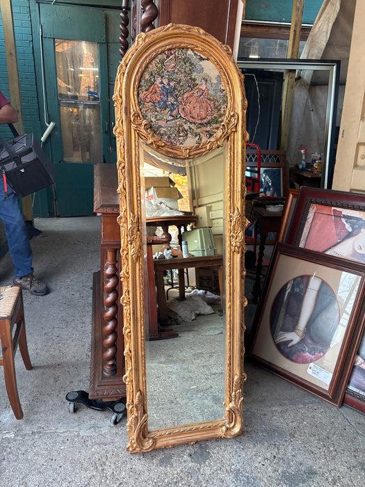 GILT FRAMED TAPESTRY TRUMEAU MIRROR