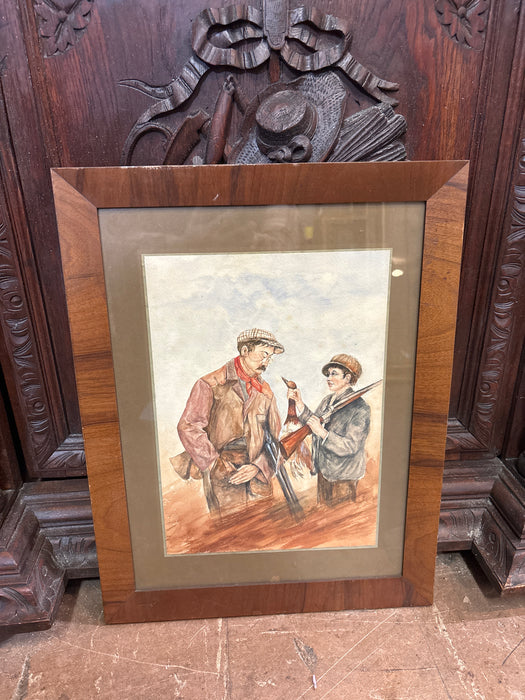 SMALL FRAMED WATERCOLOR PAINTING OF HUNTERS WITH GUN AND MORT DUCK