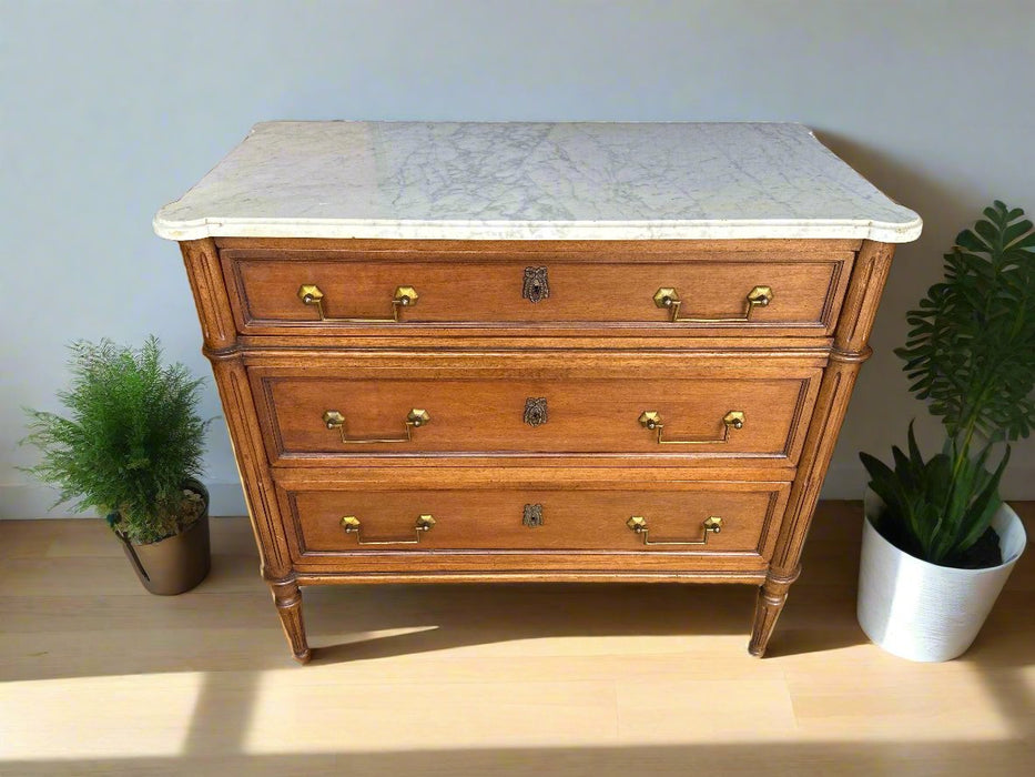 SMALL LOUIS XVI WALNUT WHITE MARBLE TOP CHEST