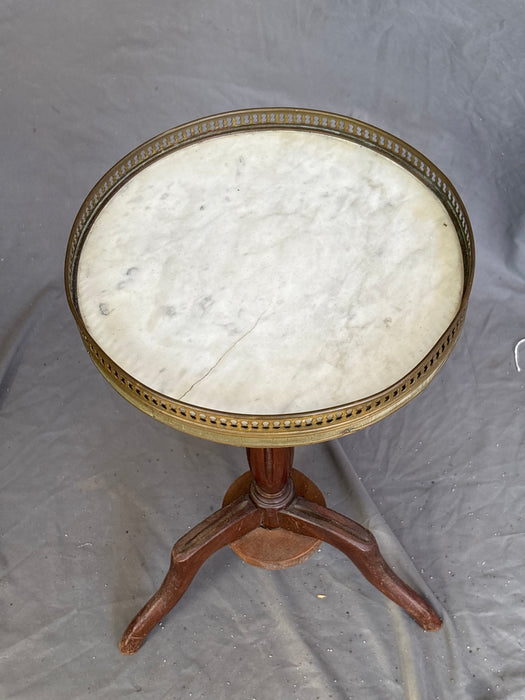 BRASS GALLERIED MARBLE TOP OAK PEDESTAL TABLE