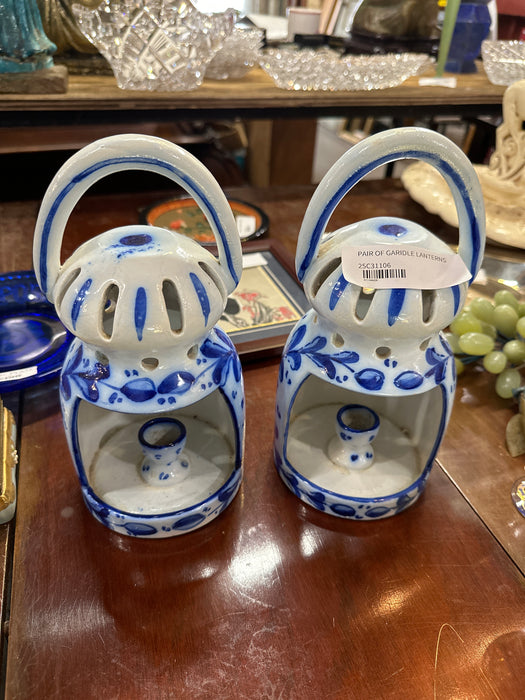 PAIR OF BLUE AND WHITE CANDLE LANTERNS