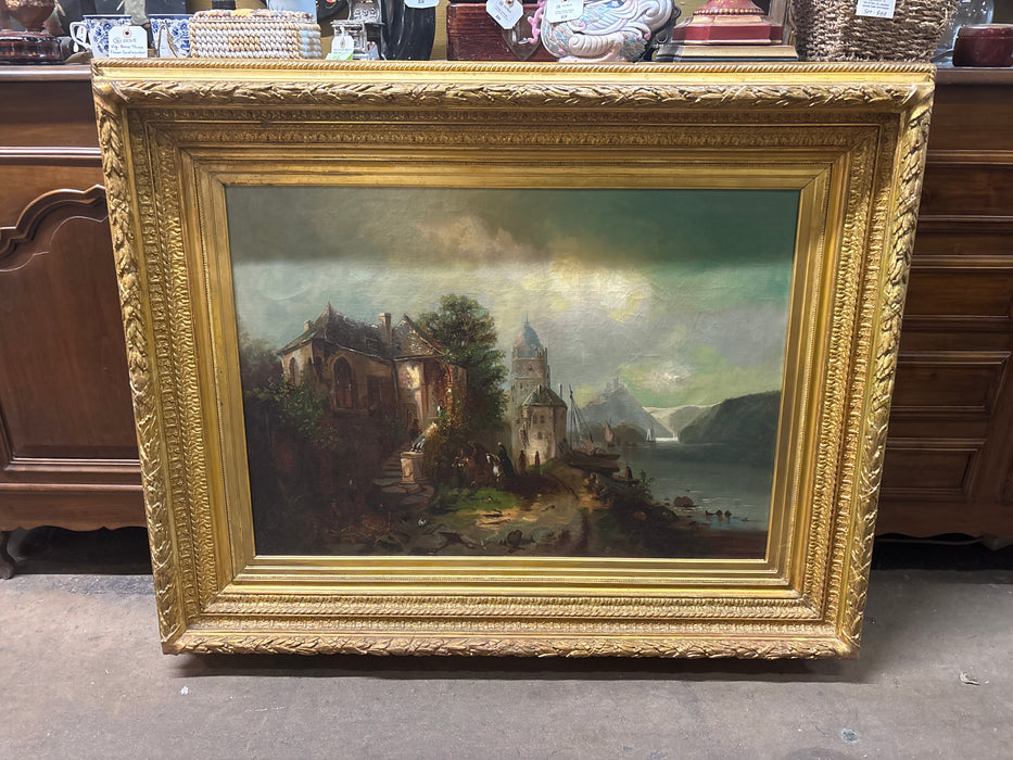 LARGE GILT FRAMED OIL PAINTING OF HOUSE ON MOUNTAIN SCAPE WITH NOBLES RIDING HORSES