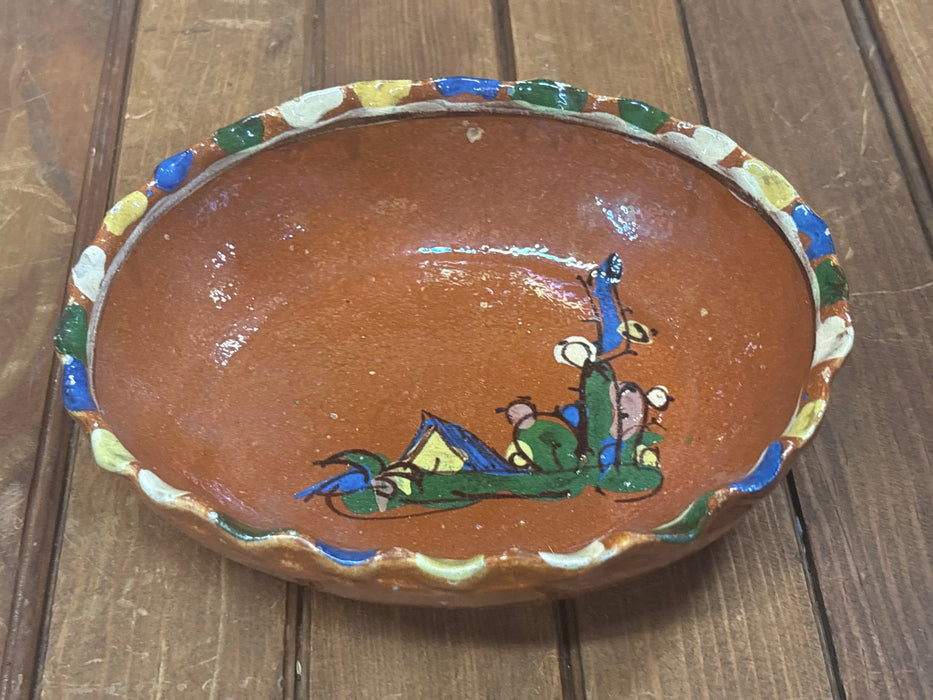 SMALL GLAZED TERRA COTTA DISH WITH CAMP AND CACTUS