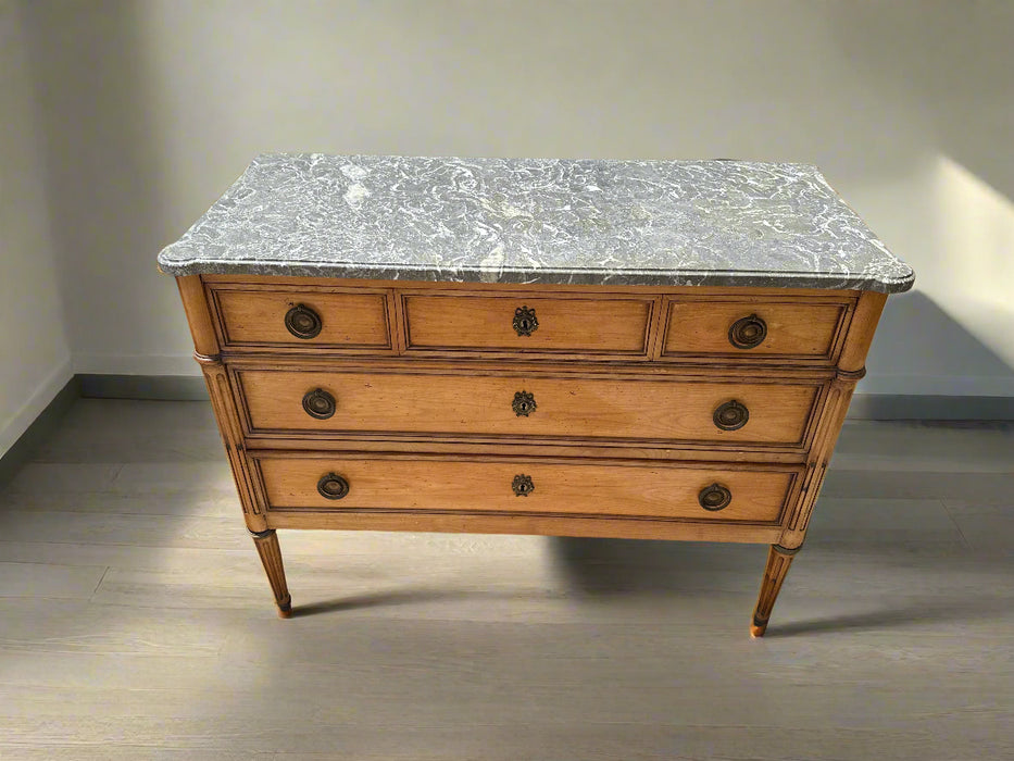 LOUIS XVI GREY MARBLE TOP 3 DRAWER CHEST WITH RING PULLS