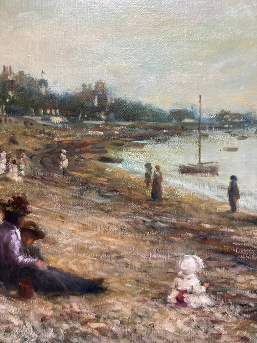 DARK GOLD FRAMED IMPRESSIONIST OIL PAINTING OF BEACH SCENE - SIGNED HENRI PLISSON